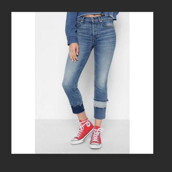 7fam Highrise Patchwork Raw hem Blue Jean 24w +MEASUREMENTS  Material: 98%Cotton - Picture 1 of 10